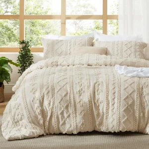 Beige Boho Bed Set, GentleSoft™ 3 Pieces Farmhouse Shabby Chic Embroidery