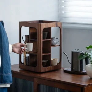 Rotatating 4-Tier Walnut Wood Storage Rack Organizer