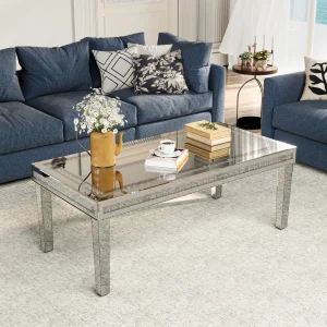 Rectangular Mirrored Coffee Table with Crystal Diamonds Inlay